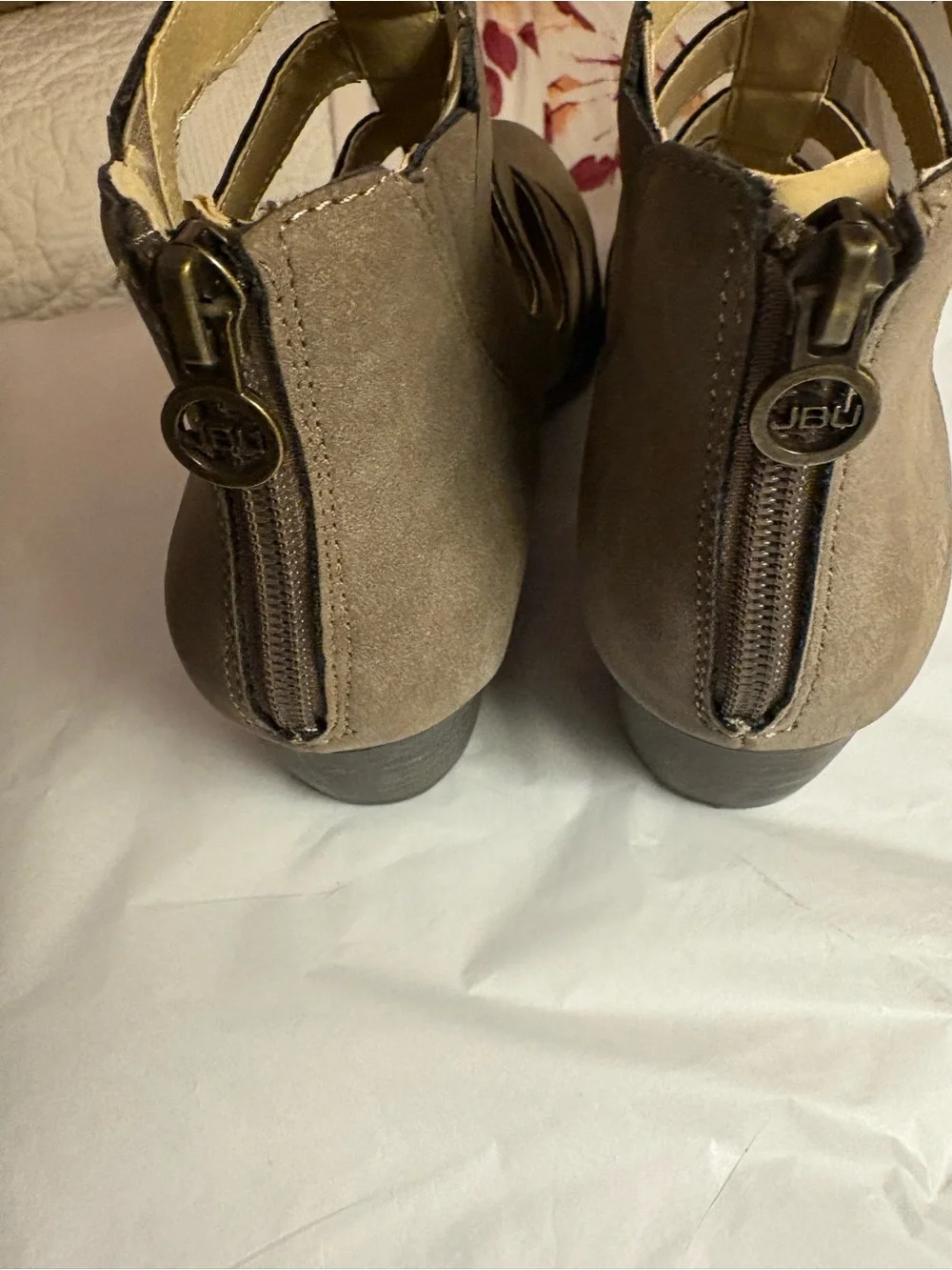 JBU Taupe Cutout Strappy Block Heel Ankle Boots